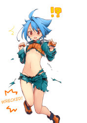 Rule 34 | !?, 10s, 1boy, blue hair, blush, fingerless gloves, future card buddyfight, gloves, hard-translated, kantai collection, male focus, navel, open mouth, parody, red eyes, ryuuenji tasuku, simple background, solo, thigh gap, third-party edit, tobi (one), torn clothes, translated, trap, white background, wide hips