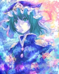 Rule 34 | 1girl, blue hat, blue shirt, closed mouth, clumeal, expressionless, eyelashes, flower, green eyes, green hair, hair between eyes, hat, red flower, shiki eiki, shirt, short hair, shoulder pads, solo, spider lily, touhou, twitter username, upper body