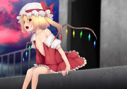 Rule 34 | 1girl, bare shoulders, blonde hair, bow, cellphone, collarbone, commentary request, crystal, fang, feet out of frame, flandre scarlet, hat, hat bow, long hair, looking at viewer, miniskirt, mob cap, nigo (aozoragarou), off shoulder, one side up, open clothes, open mouth, open vest, outdoors, phone, puffy short sleeves, puffy sleeves, railing, red bow, red eyes, red skirt, red vest, shirt, short sleeves, sitting, skin fang, skirt, skirt set, smartphone, solo, touhou, vest, white hat, white shirt, wings