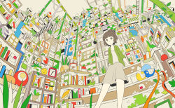 Rule 34 | 1girl, air conditioner, ball, black eyes, blunt bangs, book, bookshelf, branch, brown hair, brown skirt, bush, cable, clock, closed mouth, collarbone, cube, cup, from below, green jacket, hebitsukai, high ponytail, indoors, jacket, ladder, leaf, long sleeves, looking away, messy room, original, overgrown, perspective, photo (object), picture frame, plant, ponytail, potted plant, shadow, shelf, shirt, short hair, short ponytail, sitting, skirt, smile, smiley face, solo, square, stairs, striped, triangle, vines, white shirt