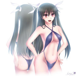 Rule 34 | 1girl, :d, ass, bare shoulders, black hair, blush, breasts, casual one-piece swimsuit, cleavage, criss-cross halter, halterneck, halterneck, highres, kiyokazu, long hair, looking at viewer, mayo chiki!, navel, o-ring bottom, one-piece swimsuit, open mouth, red eyes, reflection, slingshot swimsuit, smile, solo, standing, suzutsuki kanade, swimsuit, twintails, two side up