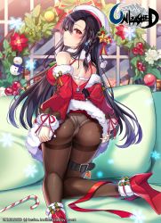 Rule 34 | 1girl, ass, back, bare shoulders, beret, black hair, braid, breasts, brown pantyhose, candy, candy cane, christmas, closed mouth, detached sleeves, dress, food, from behind, fur trim, hat, high heels, highres, kneeling, large breasts, leg belt, long hair, long sleeves, looking at viewer, looking back, maett, official art, panties, panties under pantyhose, pantyhose, parted bangs, pillow, red dress, red eyes, red footwear, red ribbon, ribbon, short dress, solo, spaghetti strap, thighband pantyhose, underwear, unleashed, very long hair, white hat, white panties, wreath