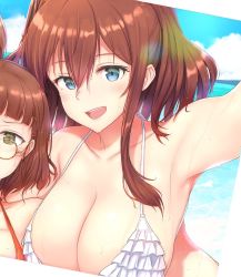 Rule 34 | bikini, blue eyes, blush, breasts, brown hair, cleavage, cloud, day, frilled bikini, frills, glasses, green eyes, hair between eyes, highres, kantai collection, large breasts, long hair, open mouth, orange bikini, osterei, out of frame, outdoors, roma (kancolle), saratoga (kancolle), short hair, sky, solo focus, sweat, swimsuit, white bikini