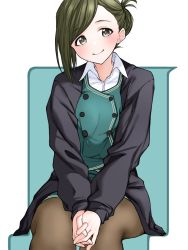 Rule 34 | 1girl, asymmetrical bangs, black cardigan, blush, cardigan, dobuvochan, feet out of frame, folded ponytail, green eyes, green hair, green skirt, green vest, idolmaster, idolmaster shiny colors, looking at viewer, nanakusa hazuki, office lady, own hands together, pantyhose, simple background, sitting, skirt, smile, solo, vest