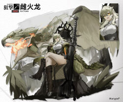 Rule 34 | 1girl, arigiep, arknights, belt, belt pouch, black footwear, boots, breasts, center frills, chinese text, coat, cross-laced footwear, crossed legs, elite ii (arknights), frilled shirt, frills, full body, fur-trimmed sleeves, fur trim, green coat, green hair, grey shirt, gun, high-waist skirt, highres, honeycomb (pattern), honeycomb background, knee boots, large breasts, long hair, long sleeves, looking at viewer, monster hunter (series), open clothes, open coat, orange eyes, personification, pointy ears, pouch, rathian, rifle, scales, see-through, shirt, skirt, smile, solo, standing, tail, thigh strap, very long hair, weapon, weapon request