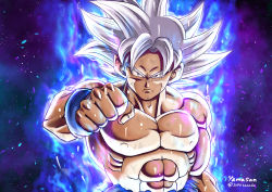 Rule 34 | 1boy, 2094banana, abs, aura, bruise, clenched hand, closed mouth, dragon ball, dragon ball super, embers, energy, glowing, highres, injury, long hair, looking at viewer, male focus, muscular, silver hair, solo, son goku, spiked hair, twitter username, ultra instinct, v-shaped eyebrows