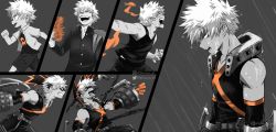 Rule 34 | 1boy, age progression, artist name, athena av, backpack, bag, bakugou katsuki, bare shoulders, belt, black shirt, blood, blood from mouth, boku no hero academia, child, clenched hand, clenched teeth, commentary, english commentary, explosion, eye mask, from side, gakuran, grey background, highres, instagram username, looking to the side, lower teeth only, male focus, multiple views, open clothes, open mouth, open shirt, orange eyes, pants, print shirt, rain, running, school uniform, shirt, short hair, shorts, simple background, smile, spiked hair, spot color, tank top, teeth, twitter username, upper teeth only, water, wet face