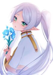 Rule 34 | 1girl, absurdres, blue flower, capelet, drop earrings, earrings, elf, flower, frieren, green eyes, grey hair, highres, holding, holding flower, jewelry, long hair, looking at viewer, murmoruno, pointy ears, solo, sousou no frieren, twintails, white background, white capelet