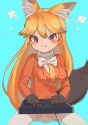 Rule 34 | 1girl, :i, angry, animal ears, blush, brown fur, brown gloves, commentary request, controller, cowboy shot, ezo red fox (kemono friends), fox ears, fox girl, fox tail, fur trim, game controller, gloves, head steam, highres, jacket, kemono friends, long hair, long sleeves, orange eyes, orange hair, orange jacket, osnmykk, pleated skirt, skirt, solo, tail, thighhighs, white skirt, white thighhighs, zettai ryouiki