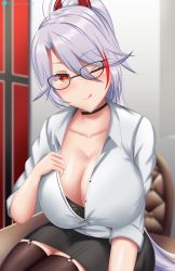 Rule 34 | 1girl, absurdres, azur lane, black bra, black choker, black skirt, black thighhighs, blush, bra, breasts, brown eyes, choker, cleavage, closed mouth, collarbone, garter straps, glasses, hair ornament, highres, huge breasts, long hair, looking at viewer, multicolored hair, office lady, one eye closed, open clothes, open shirt, ponytail, prinz eugen (azur lane), shirt, silver hair, simple background, sitting, sitting on table, skirt, smile, solo, table, thighhighs, togare, tongue, tongue out, twitter username, underwear, white shirt