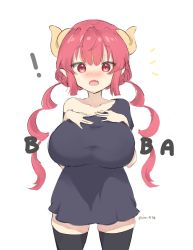 Rule 34 | 1girl, absurdres, black thighhighs, blush, booba (meme), breasts, dragon, dragon girl, dragon horns, english text, highres, horns, ilulu (maidragon), kobayashi-san chi no maidragon, large breasts, long hair, looking at viewer, meme, open mouth, pink hair, pointy ears, red eyes, red hair, shirt, signature, simple background, slit pupils, solo, thighhighs, twintails, twitter username, white background