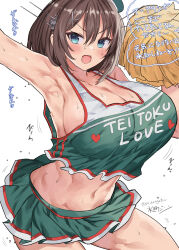 Rule 34 | 1girl, alternate costume, armpits, arms up, blue eyes, breasts, cheerleader, cleavage, commentary request, crop top, green headwear, green skirt, hair between eyes, hair ornament, headgear, highres, holding, holding pom poms, huge breasts, kantai collection, looking at viewer, maya (kancolle), midriff, miniskirt, mizuta kenji, navel, one-hour drawing challenge, open mouth, pleated skirt, pom pom (cheerleading), pom poms, signature, skirt, solo, speech bubble, sweat, translation request, twitter username, white background, x hair ornament