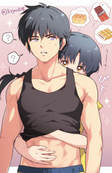 Rule 34 | 1boy, 1girl, ?, abs, black hair, black shirt, blue eyes, braid, braided ponytail, bread, brown eyes, candy, chocolate, clothes lift, commentary, dress, food, frown, grey background, grimace, half-closed eyes, hand on another&#039;s stomach, hetero, highres, hug, hug from behind, imagining, kdc (tamaco333), lifting another&#039;s clothes, medium hair, outside border, ranma 1/2, saotome ranma, shirt, shirt lift, short hair, short sleeves, single braid, sparkle, spoken question mark, tank top, tendou akane, thought bubble, translated, twitter username, yellow dress