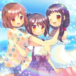 Rule 34 | 3girls, :d, :o, ;d, a channel, bare arms, bare shoulders, black hair, blue shorts, blue sky, blush, brown hair, collared shirt, commentary request, day, dress shirt, hair between eyes, hair ornament, hair scrunchie, ichii tooru, imai yutaka, kou hiyoyo, long hair, multiple girls, noyama miho, one eye closed, open mouth, outdoors, parted lips, pink skirt, pleated skirt, polka dot, polka dot shirt, purple skirt, red eyes, red scrunchie, scrunchie, shirt, short shorts, short sleeves, shorts, skirt, sky, sleeveless, sleeveless shirt, smile, tied shirt, unmoving pattern, white shirt
