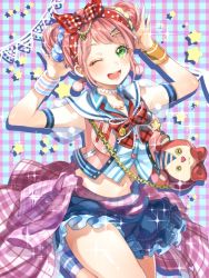 Rule 34 | 1girl, :3, ;d, alternate hairstyle, animal bag, arms up, bad id, bad twitter id, badge, bag, bang dream!, bear bag, blue scrunchie, blue skirt, blush, bow, bowtie, button badge, button eyes, buttons, chain, choker, clothes around waist, double bun, earrings, gem, green eyes, hair bun, hair ornament, hair ribbon, hair scrunchie, hairpin, heart, ito22oji, jewelry, looking at viewer, midriff, necklace, one eye closed, open mouth, pearl (gemstone), pink hair, plaid, plaid background, plaid bow, plaid bowtie, plaid neckwear, plaid shirt, polka dot, polka dot ribbon, polka dot scrunchie, pom pom (clothes), pom pom earrings, red eyes, red ribbon, ribbon, sailor collar, scrunchie, see-through, see-through sleeves, shirt, shirt around waist, shoulder bag, sidelocks, skirt, smile, socks, solo, sparkle, standing, standing on one leg, star (symbol), string of flags, sweatband, uehara himari, white choker, yellow scrunchie