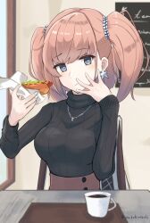 Rule 34 | 1girl, atlanta (kancolle), breasts, brown hair, coffee, earrings, grey eyes, highres, hot dog, jewelry, kantai collection, large breasts, long hair, long sleeves, necklace, solo, star (symbol), star earrings, sukimizaki, sweater, turtleneck, turtleneck sweater, two side up