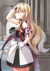 Rule 34 | 1girl, armband, blonde hair, blue eyes, cowboy shot, dress, gloves, hair between eyes, hand on own hip, hand on own head, kantai collection, long hair, looking up, mayura (lucadia), mole, mole under eye, multicolored clothes, multicolored gloves, richelieu (kancolle), solo, standing, strapless, strapless dress, two-tone dress, two-tone gloves