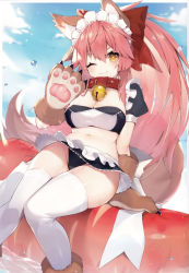 Rule 34 | 1girl, absurdres, air mattress, animal ear fluff, animal ears, animal hands, apron, arm support, bell, bikini, bikini skirt, blue sky, blush, bow, breasts, brown eyes, cleavage, closed mouth, cloud, cloudy sky, collar, day, fate/grand order, fate (series), fox ears, fox girl, fox tail, frilled apron, frills, gloves, hair bow, highres, jingle bell, large breasts, long hair, looking at viewer, maid, maid bikini, maid headdress, midriff, muryotaro, navel, one eye closed, outdoors, paw gloves, pink hair, puffy short sleeves, puffy sleeves, red bow, scan, short sleeves, sitting, sky, smile, solo, stomach, swimsuit, tail, tamamo (fate), tamamo cat (fate), thighhighs, thighs, unconventional maid, waist apron, water, water drop, white apron, white thighhighs