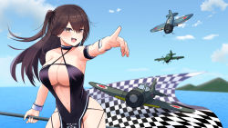 Rule 34 | 1girl, :d, a6m zero, akaoni (zumt3548), arm strap, azur lane, b6n tenzan, bare shoulders, blue sky, blush, breasts, brown eyes, brown hair, center opening, checkered flag, cleavage, clothing cutout, cloud, collarbone, commentary, commentary request, commission, cowboy shot, criss-cross halter, day, english commentary, flag, groin, hair between eyes, halterneck, high ponytail, highres, holding, holding flag, large breasts, long hair, looking at viewer, mixed-language commentary, mountainous horizon, navel, navel cutout, ocean, official alternate costume, one side up, open mouth, outdoors, pelvic curtain, pixiv commission, pointing, psd available, race queen, revealing clothes, sidelocks, sky, smile, solo, standing, very long hair, wrist cuffs, zuikaku (azur lane), zuikaku (the wind&#039;s true name) (azur lane)