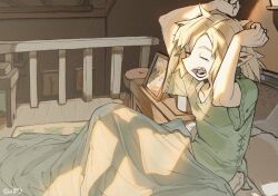 Rule 34 | 1boy, arms behind head, artist name, blonde hair, closed eyes, green tunic, hair between eyes, highres, indoors, link, male focus, medium hair, nanpou (nanpou0021), nintendo, on bed, parted bangs, picture frame, pointy ears, railing, rug, short sleeves, solo, stool, the legend of zelda, the legend of zelda: breath of the wild, under covers, wooden floor, yawning