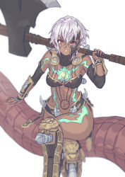 Rule 34 | 1girl, armor, axe, bad id, bad pixiv id, bare shoulders, body markings, character request, clenched teeth, copyright request, covered collarbone, crossed legs, dark-skinned female, dark skin, greaves, grey hair, hair between eyes, highres, holding, holding axe, holding weapon, huge weapon, looking at viewer, mask, navel, over shoulder, red eyes, short hair, simple background, sitting, solo, spikes, stitches, teeth, turtleneck, vambraces, weapon, weapon over shoulder, white background, yagi2013