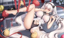 Rule 34 | 1girl, absurdly long hair, absurdres, azur lane, balloon, barefoot, black footwear, black neckwear, black panties, black sailor collar, bow, breasts, clothing cutout, dress, dress bow, dress flower, feather dress, formidable (azur lane), formidable (timeless classics) (azur lane), hair ornament, high heels, highres, large breasts, long hair, lrh0123, lying, m legs, manjuu (azur lane), navel cutout, official alternate costume, on back, panties, platinum blonde hair, red ribbon, ribbon, sailor collar, see-through, see-through dress, sexually suggestive, shoes, unworn shoes, sideboob, silver hair, solo, spread legs, suggestive fluid, taut clothes, taut dress, toes, two-tone dress, two-tone ribbon, underwear, veil, very long hair, white dress