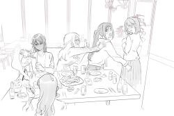 Rule 34 | 5girls, alcohol, blush, bottle, braid, chopsticks, closed mouth, commentary request, drunk, food, french braid, greyscale, hood, hoodie, indoors, jewelry, korean commentary, long sleeves, love live!, love live! sunshine!!, matsuura kanan, medium hair, monochrome, multiple girls, necklace, ohara mari, pito (sh02327), plant, plate, ponytail, potted plant, pouring, restaurant, sakurauchi riko, salt shaker, shirt, sweatdrop, table, thumbs up, tissue box