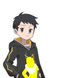 Rule 34 | 1boy, asatsuki (fgfff), black hair, black hoodie, character print, closed mouth, commentary request, creatures (company), frown, game freak, gen 1 pokemon, grey eyes, grey shirt, half-closed eyes, hand in pocket, hood, hood down, hoodie, hypno, looking at viewer, lucas (pokemon), male focus, nintendo, pokemon, pokemon bdsp, shirt, short hair, simple background, solo, tassel, upper body, white background