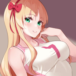 Rule 34 | 1girl, bare shoulders, blonde hair, blush, bow, breasts, closed mouth, collarbone, green eyes, hairband, hand to own mouth, huyumitsu, impossible clothes, large breasts, long hair, looking at viewer, original, ribbon, shirt, sidelocks, sideways glance, simple background, sleeveless, sleeveless shirt, smile, solo, sportswear, taut clothes, taut shirt, upper body