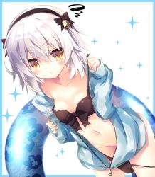 Rule 34 | 1girl, :t, bare shoulders, bell, bikini, bikini pull, black bikini, black bow, black hairband, blue innertube, blue jacket, bow, breasts, brown eyes, closed mouth, clothes pull, collarbone, commentary request, cosplay, dutch angle, fate/grand order, fate (series), front-tie bikini top, front-tie top, groin, hair between eyes, hair bow, hairband, hood, hood down, hooded jacket, innertube, jacket, jeanne d&#039;arc (fate), jeanne d&#039;arc (swimsuit archer) (fate), jeanne d&#039;arc (swimsuit archer) (fate) (cosplay), jeanne d&#039;arc (swimsuit archer) (first ascension) (fate), jeanne d&#039;arc alter santa lily (fate), long hair, long sleeves, looking at viewer, nanamomo rio, navel, oversized clothes, pout, puffy long sleeves, puffy sleeves, silver hair, sleeves past wrists, small breasts, solo, sparkle, squiggle, swim ring, swimsuit, transparent, v-shaped eyebrows