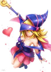 Rule 34 | 1girl, armpits, bare shoulders, blonde hair, blue footwear, blush stickers, boots, breasts, cleavage, closed mouth, dark magician girl, deadspike nine, dress, duel monster, from above, full body, green eyes, hair between eyes, hat, heart, highres, holding, holding staff, large breasts, legs together, long hair, looking at viewer, looking up, off-shoulder dress, off shoulder, pentacle, showgirl skirt, smile, solo, staff, vambraces, wizard hat, yu-gi-oh!
