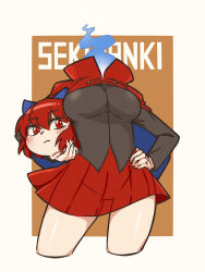 Rule 34 | 1girl, black shirt, blue bow, blue fire, blush, bow, breasts, character name, cloak, disembodied head, dullahan, fire, hair bow, highres, holding head, long sleeves, looking at viewer, medium breasts, miniskirt, nail polish, red cloak, red eyes, red hair, red nails, red skirt, romu (doldrums1070), sekibanki, shirt, short hair, skirt, solo, touhou