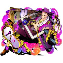 Rule 34 | 10s, 1boy, arm rest, blue eyes, clock, crossed legs, divine gate, facial hair, flower, full body, hat, heterochromia, jewelry, lipstick mark, male focus, mustache, necklace, official art, paintbrush, parted lips, pencil as mustache, picture frame, portrait (object), purple eyes, reclining, rose, salvador (divine gate), smile, solo, transparent background, ucmm
