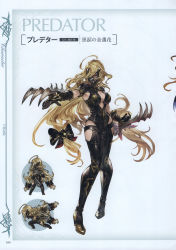 Rule 34 | 1girl, absurdres, blonde hair, bodysuit, boots, bow, breasts, center opening, character name, chibi, claw (weapon), cleavage, curly hair, earrings, full body, gloves, granblue fantasy, grey eyes, high heel boots, high heels, highres, jewelry, long hair, looking at viewer, low twintails, mask, medium breasts, minaba hideo, multiple views, official art, page number, predator (granblue fantasy), scan, simple background, standing, twintails, weapon