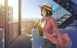 Rule 34 | 1girl, bag, black pants, black ribbon, blue sky, brown hair, building, city, closed mouth, collared shirt, cowboy shot, day, dress shirt, hat, hat ribbon, highres, jacket, leaf, lens flare, long sleeves, motion blur, open clothes, open jacket, original, outdoors, pants, pink jacket, pocket, railing, ribbon, shirt, short hair, shoulder bag, sky, smile, solo, stairs, sugi87, sunlight, walking, white hat, white shirt, wind, wing collar, yellow eyes