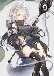 Rule 34 | 1girl, ahoge, arknights, bare shoulders, black thighhighs, crocodilian tail, detached sleeves, dress, goggles, goggles around neck, green dress, highres, holding, holding staff, koomoi, large tail, long hair, long sleeves, looking at viewer, pelvic curtain, pointy ears, puffy sleeves, sidelocks, silver hair, smile, solo, staff, tail, thighhighs, thighs, tomimi (arknights), yellow eyes