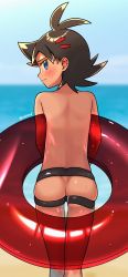 Rule 34 | 1boy, absurdres, antenna hair, ass, blue eyes, blush, chibaqen, closed mouth, creatures (company), day, game freak, goh (pokemon), highres, innertube, kneepits, looking at viewer, looking back, male focus, nintendo, outdoors, pokemon, pokemon (anime), pokemon journeys, short hair, solo, sweat, swim ring