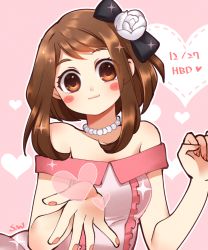Rule 34 | 10s, 1girl, :3, black bow, blush, blush stickers, boku no hero academia, bow, brown hair, closed mouth, commentary request, dated, dress, eyes visible through hair, flower, hair bow, hair flower, hair ornament, happy birthday, head tilt, heart, highres, jewelry, kaoruru (sakuno2911), looking at viewer, necklace, off shoulder, outline, pearl necklace, pink background, pink dress, short hair, signature, smile, solo, sparkle, upper body, uraraka ochako, white flower, white outline