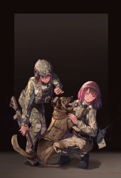 Rule 34 | 2girls, absurdres, assault rifle, brown hair, camouflage, chinese commentary, commentary request, dog, gun, helmet, highres, holding, holding gun, holding weapon, load bearing vest, m4 carbine, medium hair, military, military uniform, multiple girls, one eye closed, original, rifle, simple background, squatting, uniform, weapon, xiao po qie