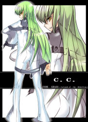 Rule 34 | 00s, 1girl, c.c., character name, closed mouth, code geass, copyright name, expressionless, full body, green eyes, long hair, long sleeves, looking at viewer, looking back, robe, solo, standing, straitjacket, very long hair, yellow eyes, yukari (konekonekozou), zoom layer