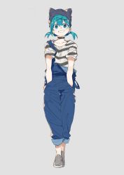 Rule 34 | 1girl, aqua eyes, aqua hair, blue eyes, choker, collar, earrings, hair between eyes, hands in pockets, hat, highres, jewelry, looking at viewer, low twintails, machi (wm), original, overalls, pants, pants rolled up, shirt, shoes, short hair, smile, solo, standing, striped clothes, striped shirt, suspenders, twintails