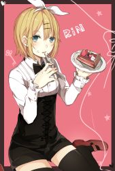 Rule 34 | 1girl, bad id, bad pixiv id, black thighhighs, blonde hair, blue eyes, blueberry, border, bow, bowtie, character name, corset, dress shirt, food, food on face, fork, fruit, hair bow, hair ornament, hairclip, holding, kagamine rin, looking at viewer, mary janes, parted lips, pie, pink background, plate, prin dog, shirt, shoes, short hair, shorts, sitting, solo, strawberry, thighhighs, vocaloid, wariza, zettai ryouiki