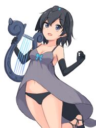 Rule 34 | 1girl, absurdres, babydoll, bird girl, bird tail, black eyes, black footwear, black gloves, black hair, black panties, breasts, commentary, gloves, grey babydoll, head wings, highres, holding, holding instrument, instrument, kemono friends, leg up, lingerie, looking at viewer, lyre, navel, open mouth, panties, sandals, shiraha maru, short hair, simple background, sketch, small breasts, smile, solo, spaghetti strap, standing, standing on one leg, superb bird-of-paradise (kemono friends), tail, twitter username, underwear, underwear only, white background, wings