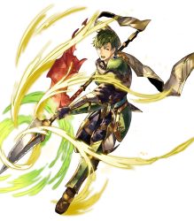 Rule 34 | 1boy, abel (fire emblem), armor, armored boots, boots, fingerless gloves, fire emblem, fire emblem: mystery of the emblem, fire emblem heroes, full body, gloves, green armor, green eyes, green hair, highres, male focus, nintendo, official art, open mouth, polearm, solo, spear, teeth, transparent background, weapon