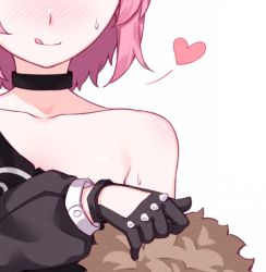 Rule 34 | 1girl, :q, bare shoulders, benghuai xueyuan, black choker, black gloves, black jacket, blush, breasts, choker, closed mouth, collarbone, commentary request, facing viewer, fur-trimmed jacket, fur trim, gloves, head out of frame, heart, honkai (series), jacket, long sleeves, nose blush, off shoulder, pink hair, puffy long sleeves, puffy sleeves, short hair, simple background, small breasts, smile, solo, studded gloves, sweat, tongue, tongue out, tsubasa tsubasa, undressing, white background, yae sakura, yae sakura (benghuai xueyuan)