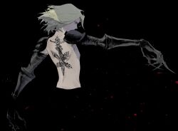 Rule 34 | 1boy, armor, back, back tattoo, black background, blonde hair, claws, closed mouth, cofffee, gauntlets, gloves, male focus, solo, sydney losstarot, tattoo, topless male, vagrant story