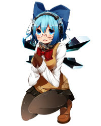 Rule 34 | 1girl, :d, alternate costume, bad id, bad pixiv id, bespectacled, black pantyhose, blue eyes, blue hair, blush, bow, breasts, cirno, earmuffs, glasses, gloves, hair bow, headphones, ice, ice wings, kinakomoti, large breasts, matching hair/eyes, mittens, open mouth, pantyhose, scarf, school uniform, short hair, simple background, skirt, smile, solo, squatting, touhou, white background, wings