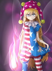 Rule 34 | 1girl, american flag dress, american flag legwear, blonde hair, closed mouth, clownpiece, dress, fairy wings, fire, hat, highres, holding, jester cap, long hair, looking at viewer, neck ruff, pantyhose, polka dot, ringed eyes, short dress, smile, solo, standing, star (symbol), star print, striped, torch, touhou, tyouseki, very long hair, wings
