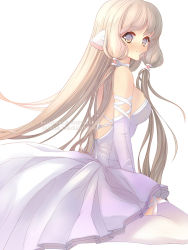 Rule 34 | 1girl, backless dress, backless outfit, blonde hair, chii, chobits, closed mouth, detached sleeves, dress, hair tubes, kana yukino, long hair, looking at viewer, no pupils, pink dress, purple eyes, robot ears, sitting, solo, thighhighs, very long hair, wariza, watermark, web address, white thighhighs