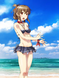 Rule 34 | 1girl, aged up, alternate costume, anchor symbol, beach, bikini, bikini skirt, blue sky, blush, breasts, brown eyes, brown hair, cameltoe, choker, cleavage, cloud, collar, commentary request, covered erect nipples, day, folded ponytail, groin, hair between eyes, inazuma (destroyer), inazuma (kancolle), kantai collection, looking at viewer, medium breasts, navel, ocean, open mouth, outdoors, sameha ikuya, sand, sky, solo, standing, swimsuit, water